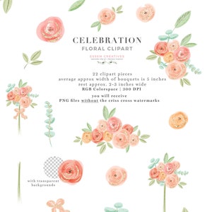 Pode incluir: Um conjunto digital de 22 ilustra&ccedil;&otilde;es florais de aquarela em rosa, p&ecirc;ssego e verde com detalhes de glitter dourado. As flores est&atilde;o dispostas em buqu&ecirc;s e elementos individuais. O texto "CELEBRATION FLORAL CLIPART" est&aacute; na parte superior da imagem. O texto "ESSEM CREATIVES" est&aacute; abaixo do t&iacute;tulo. O texto "22 clipart pieces" est&aacute; abaixo do logotipo. O texto "average approx width of bouquets is 5 inches" est&aacute; abaixo do n&uacute;mero de pe&ccedil;as de clipart. O texto "rest approx. 2-3 inches wide" est&aacute; abaixo da largura do buqu&ecirc;. O texto "RGB Colorspace | 300 DPI" est&aacute; abaixo da largura dos elementos individuais. O texto "you will receive" est&aacute; abaixo do DPI. O texto "PNG files without the criss cross watermarks" est&aacute; abaixo do texto "you will receive". O texto "with transparent backgrounds" est&aacute; no canto inferior esquerdo da imagem. O texto "WWW.ESSEMCREATIVES.COM" est&aacute; na parte inferior da imagem.
