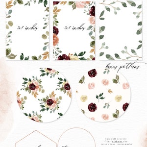 Burgundy Watercolor Floral Clipart, Fall Flowers Clip Art, Rustic Peonies Roses Marsala Maroon Peach Bouquets Frame Wreaths Seamless Pattern image 7