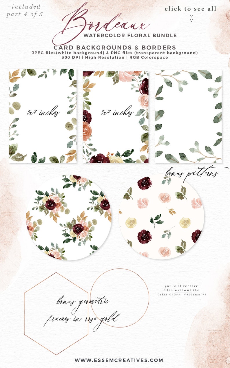 Burgundy Watercolor Floral Clipart, Fall Flowers Clip Art, Rustic Peonies Roses Marsala Maroon Peach Bouquets Frame Wreaths Seamless Pattern image 7