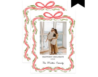 Festive Greenery Bow Christmas Card Template, Editable Holiday Photo Card Template, Dainty Ribbon Border Watercolor Christmas, Corjl 516