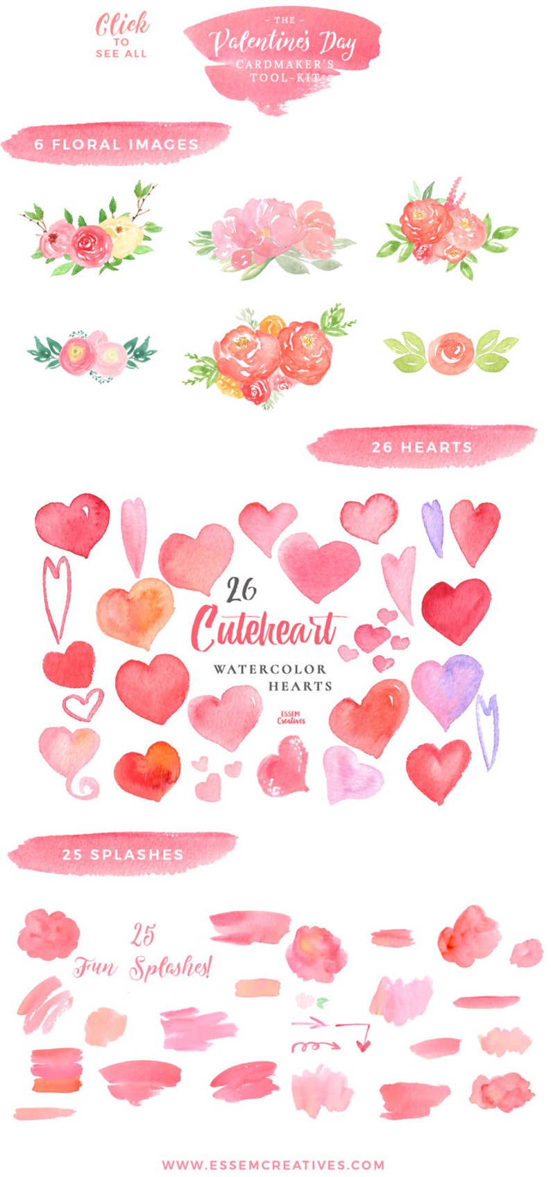 Valentines Clip Art Watercolor Hearts Clipart Valentines Day Card Design Elements Watercolor Floral Clipart Pink Watercolor Brush Stroke