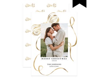 Dramatic Gold Ribbon Bow Frame Christmas Card Template, Editable Holiday Photo Card Template, Printable Holiday Engagement Card, Corjl 516