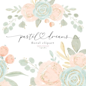 Pastell Blumen Clipart, Pfirsich Mint Grün Blumen Aquarell Clip Art Grafik Druck, digitaler Download, weiches Licht Kranz Blumenstrauß Borders Karte