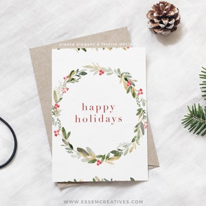 May include: A white card with a green watercolor wreath with red berries and the text "happy holidays" in red.
