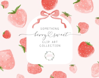 Clipart de fresa en acuarela, diseño gráfico de bayas dulces, sublimación de frutas y cuadros rosados PNG, invitación de cumpleaños para baby shower (tarjeta de 5x7)