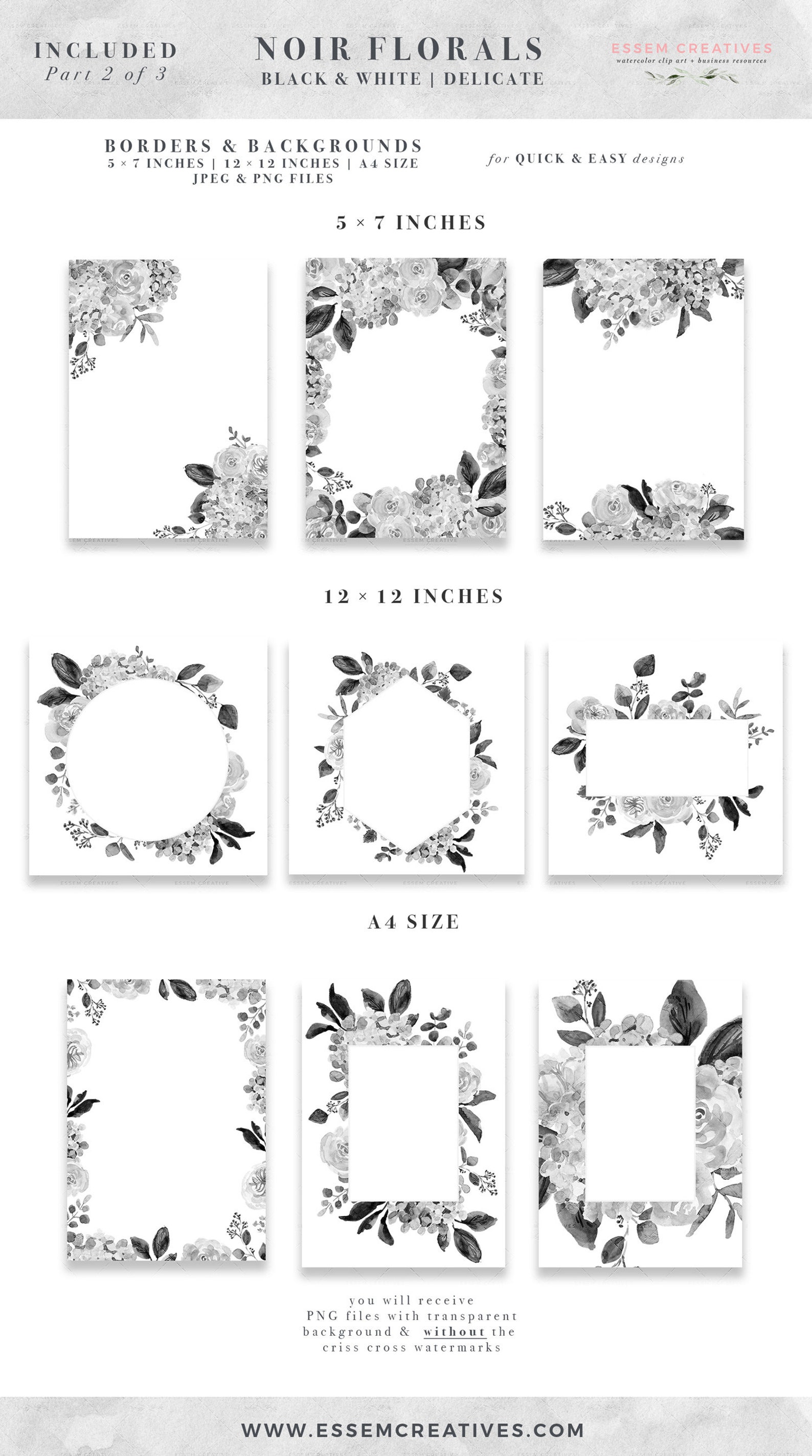 Black and White Floral Watercolor Clipart, Floral Border Clipart, Gray ...