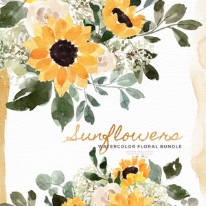 Aquarell Sonnenblumen Schleierkraut Clipart, rustikale Herbstblumen Clip Art, Sommer florale Grafiken, gelbe Blumensträuße Rahmen Kränze PNG