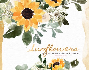 Könnte beinhalten: Aquarell-Blumenpaket mit Sonnenblumen und weißen Blüten mit grünen Blättern. Der Text "Sunflowers Watercolor Floral Bundle" ist in goldenen Buchstaben geschrieben.