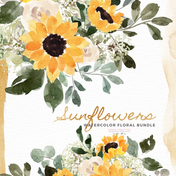 Watercolor Sunflowers Babys Breath Clipart, Rustic Fall Flowers Clip Art, Summer Floral Graphics, Yellow Floral Bouquets Frame Wreaths PNG
