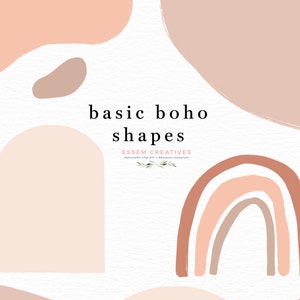 Imágenes prediseñadas de formas boho básicas, caja de arco boho en colores melocotón y neutros, imágenes prediseñadas de arco iris boho neutro, ilustración abstracta de formas boho PNG