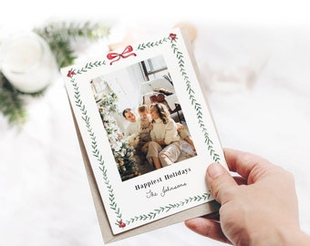 Greenery Christmas Card Template, Christmas Photo Card Border 2023, Printable Editable Holiday Card, Vertical Instant Download Corjl 489