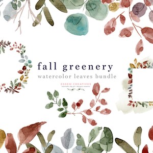 May include: Watercolor clipart bundle of fall leaves in shades of red, orange, yellow, green, and blue. The leaves are arranged in a wreath, a square frame, and a branch with leaves. The text "fall greenery watercolor leaves bundle" is written in the center of the image.