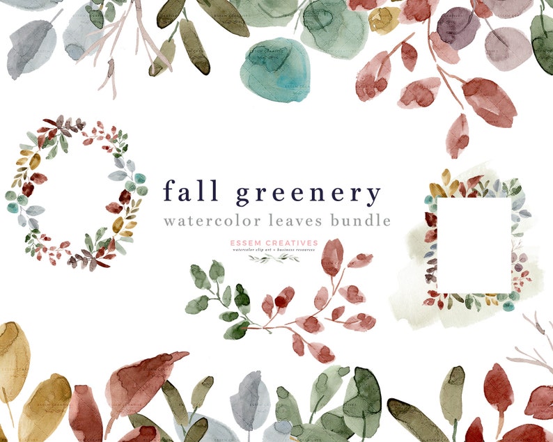 May include: Watercolor clipart bundle of fall leaves in shades of red, orange, yellow, green, and blue. The leaves are arranged in a wreath, a square frame, and a branch with leaves. The text "fall greenery watercolor leaves bundle" is written in the center of the image.
