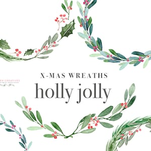 Corona de Navidad Clipart, Holly Jolly Clip Art, Acuarela Winter Clipart, Mistletoe Clipart, Holiday Card Clipart, Festive Digital Graphics