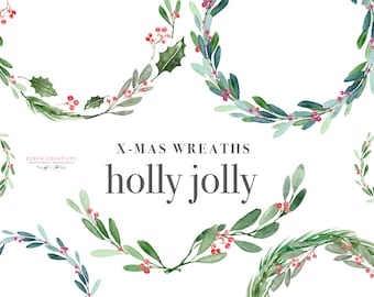 Christmas Wreath Clipart, Holly Jolly Clip Art, Watercolor Winter Clipart, Mistletoe Clipart, Holiday Card Clipart, Festive Digital Graphics