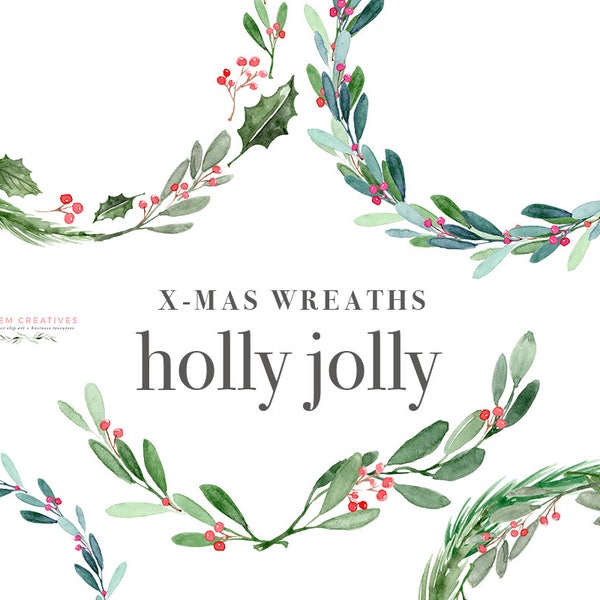 Christmas Wreath Clipart, Holly Jolly Clip Art, Watercolor Winter Clipart, Mistletoe Clipart, Holiday Card Clipart, Festive Digital Graphics