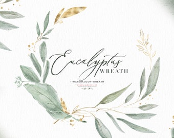 Eucalyptus Wreath Clipart, Watercolor Fine Art Laurel Wreath Branch Leaves, Rustic Digital Wreath PNG Floral Clipart for Wedding Invitations