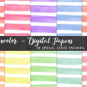 Watercolor Stripes Digital Papers, Printable Scrapbook Paper, 12x12 Watercolour Textures, Pastel Watercolour Pattern,  Watercolor Background