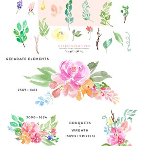 May include: A set of watercolor floral illustrations in pink, peach, yellow, and green. The illustrations include bouquets, wreaths, and individual flowers and leaves. The text "MOJITO" is written in a stylized font above the illustrations. The text "COLORFUL | MODERN | ELEGANT" is written below the word "MOJITO". The text "ESSEM CREATIVES" is written in a smaller font below the illustrations. The text "SEPARATE ELEMENTS" is written above a bouquet of flowers. The text "BOUQUETS + WREATH" is written above a wreath of flowers. The text "(SIZES IN PIXELS)" is written below the text "BOUQUETS + WREATH". The text "WWW.ESSEMCREATIVES.COM" is written at the bottom of the image.
