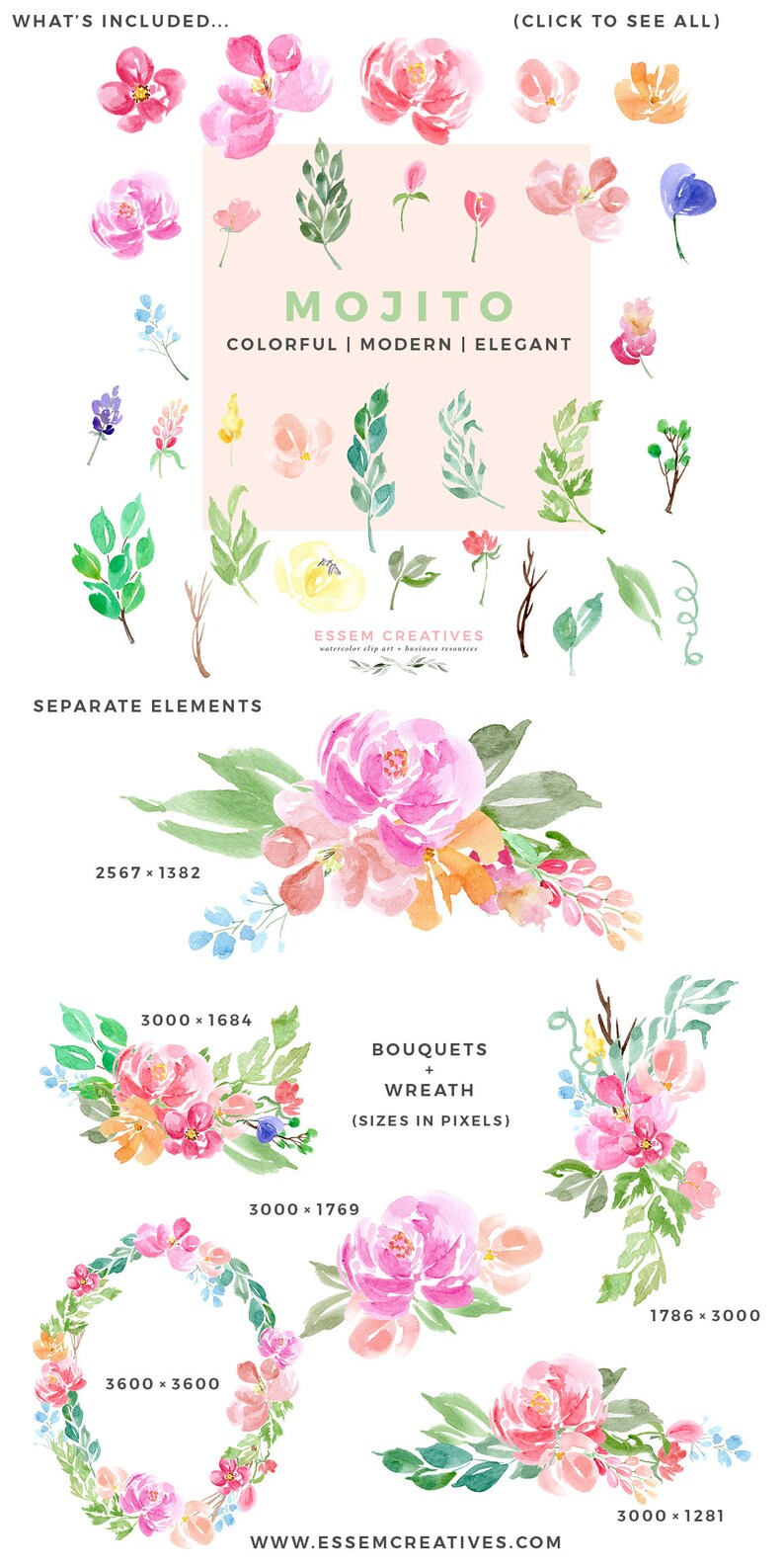 May include: A set of watercolor floral illustrations in pink, peach, yellow, and green. The illustrations include bouquets, wreaths, and individual flowers and leaves. The text "MOJITO" is written in a stylized font above the illustrations. The text "COLORFUL | MODERN | ELEGANT" is written below the word "MOJITO". The text "ESSEM CREATIVES" is written in a smaller font below the illustrations. The text "SEPARATE ELEMENTS" is written above a bouquet of flowers. The text "BOUQUETS + WREATH" is written above a wreath of flowers. The text "(SIZES IN PIXELS)" is written below the text "BOUQUETS + WREATH". The text "WWW.ESSEMCREATIVES.COM" is written at the bottom of the image.