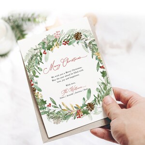 Plantilla de tarjeta de Navidad de corona verde, tarjeta navideña de follaje de acuarela 2023, saludo editable imprimible, descarga instantánea Editar Corjl 489