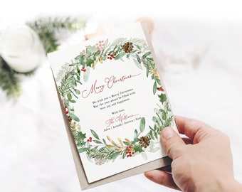 Greenery Wreath Christmas Card Template, Watercolor Foliage Holiday Card 2023, Printable Editable Greeting, Instant Download Edit Corjl 489