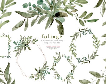 Watercolor Eucalyptus Clipart, Foliage Greenery Clipart, Wreath Clipart, Rustic Wedding Clipart, Leaf Geometric Frame Border, Logo Branding