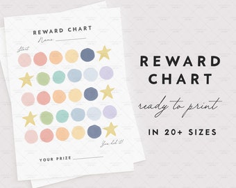 May include: A printable reward chart with colorful circles and gold stars. The chart has a space for a name, a start point, and a space for a prize. The text "REWARD CHART ready to print IN 20+ SIZES" is at the bottom of the chart.
