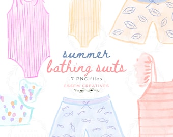 Kids Swimsuits Bathing Suit Clipart Sublimation PNG, Coquette Girl Swimwear Swimming Costume, Boy Swim Trunk, Hand Drawn Whimsical Aesthetic