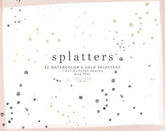 Paint Splatter Clipart Overlay, Watercolor Black Ink Splatter Clip Art, Gold Sparkle PNG, Foil Confetti, Brush Stroke Circle Dot Graphic