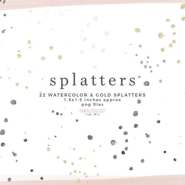 Paint Splatter Clipart Overlay, Watercolor Black Ink Splatter Clip Art, Gold Sparkle PNG, Foil Confetti, Brush Stroke Circle Dot Graphic