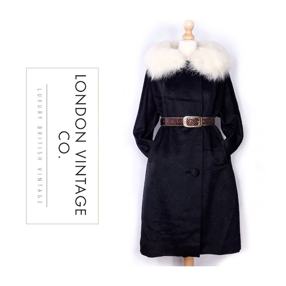 1960s black wool coat with white fox fur collar {V