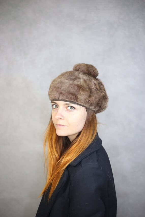 Brown sheared mink beret hat with pom pom Cher Plaid Knit Beanie with Fur Pom Pom | Furhatworld.com main image 3