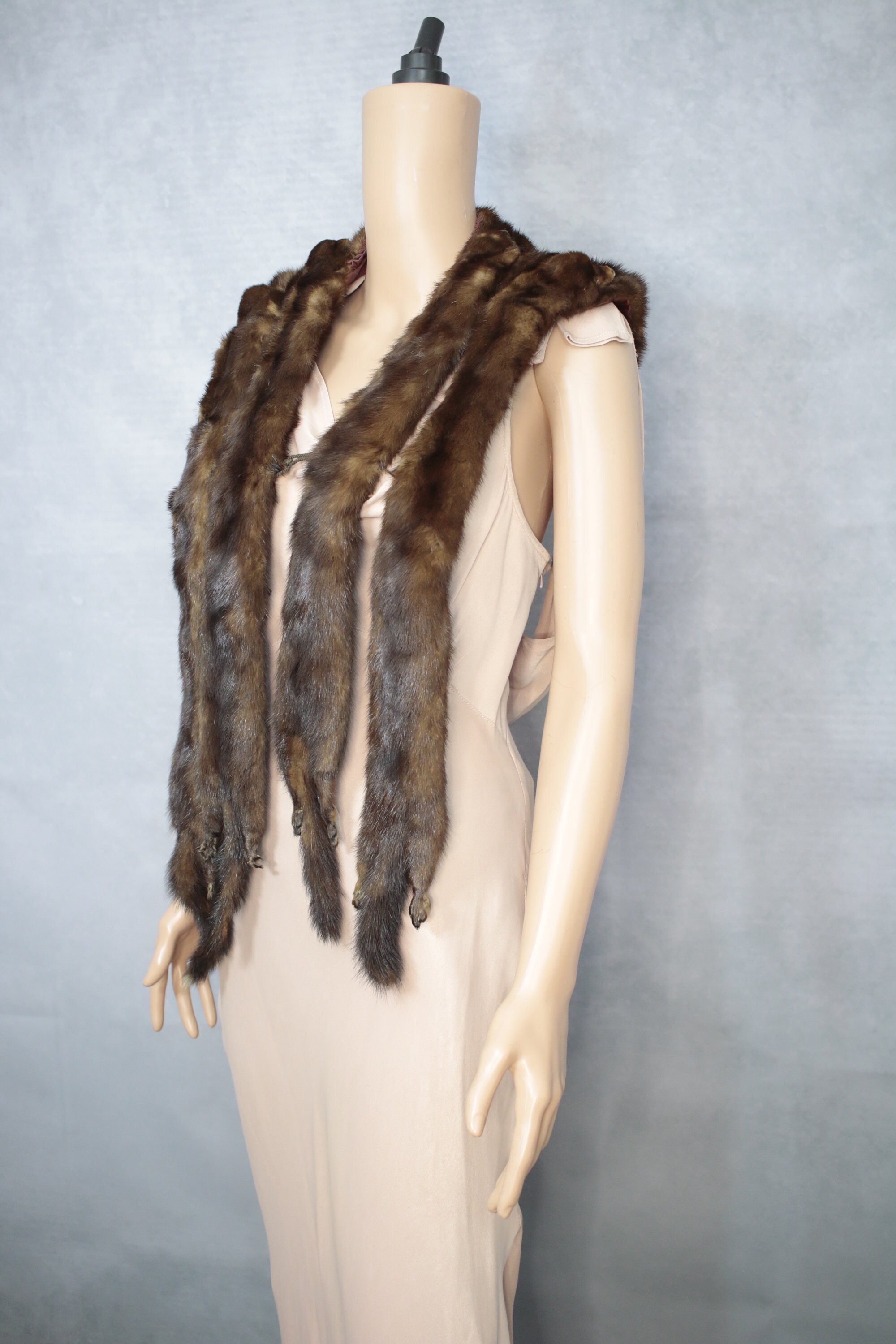 Vintage Antique 1930s / 1940s Genuine Mink Fur Stole Pelt Wrap Scarf Brown