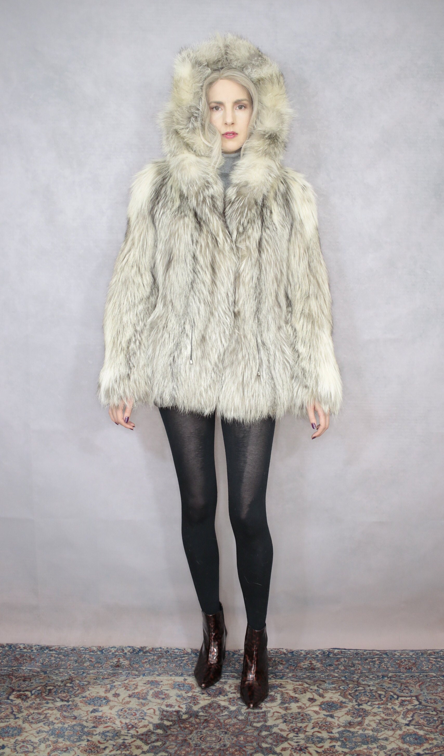 サイズ XS-S | フード付きヴィンテージプラチナフォックスファーコート