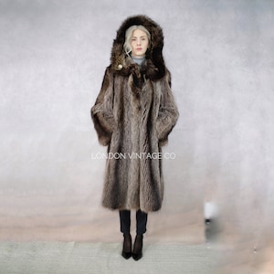 SizeS-M | Vintage raccoon fur coat with hood {Real raccoon fur/vintage fur/fur coat/fur hood/large fur coat/grey fur}