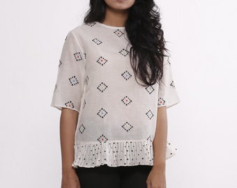 Half silk, hand embroidered loose fit Top for Spring-Summer
