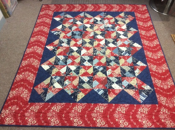 Quilted Patchwork Scrap Quilt Gift Throw Handmade Blue Red Etsy