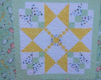 Gender-Neutral Quilt. Patchwork Quilt. Star Quilt. Modern Quilt. Unique. Sheep Quilt. Play Mat. Baby Shower. Home Decor. Farm Animal Quilt.