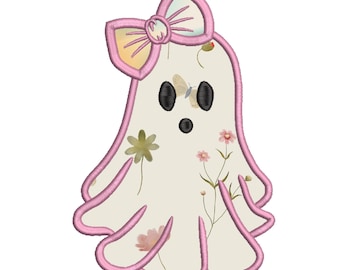 Cute Ghost Girls Applique Embroidery Design with Bow | Halloween Machine Embroidery File | Instant Download