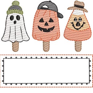 May include: Embroidered Halloween-themed popsicles: a ghost with a green hat, a pumpkin with a baseball cap, and a candy corn with a hat. Includes a rectangular frame with a dotted border.
