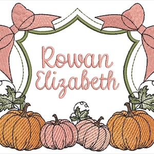 Pode incluir: Design bordado com os nomes "Rowan Elizabeth" em rosa dentro de uma moldura verde. Dois laços cor-de-rosa adornam os cantos superiores. Abóboras em tons de laranja e rosa na parte inferior, com folhas e vinhas verdes. Um design com tema de outono.