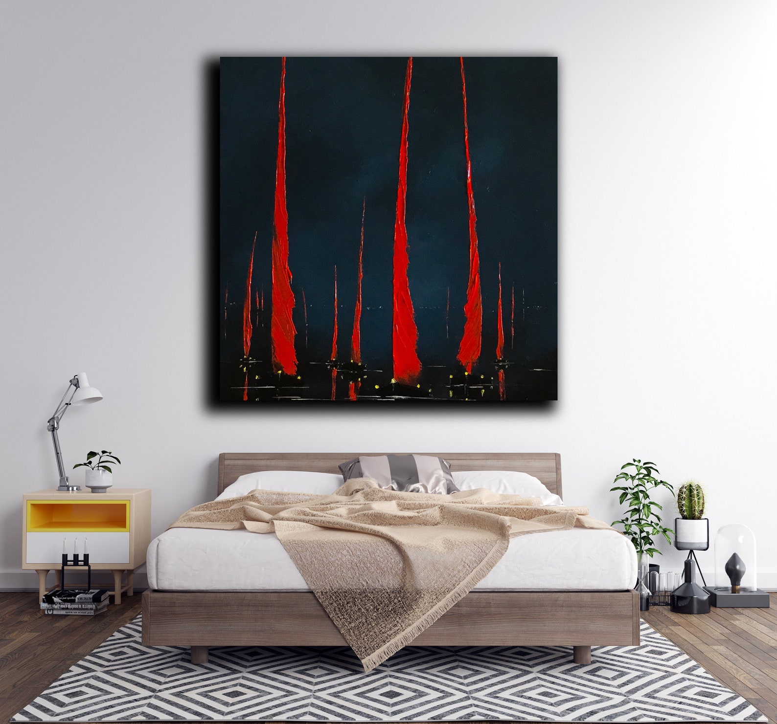 Abstract Red Sails Oil Painting Big Size Nightly Ocean Yachts Etsy
