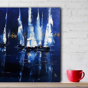 Yachts at night sea original oil painting Sailboats artwork Seascape miniature Blue and white art Gift for fine art lovers Sailing boat art