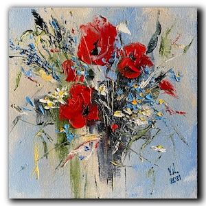 Ukrainian ethnic style small painting Ukrainian wild flowers Ukrainian vibes art Bouquet of Ukraine Poppy on canvas Ukrainian artist artwork