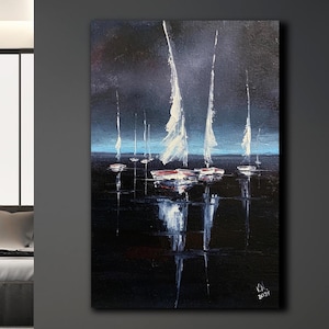 Regatta custom oil painting Nightly seascape to order Sailboats and night sea Customized sailing boats White sails Reflection fine art Yacht