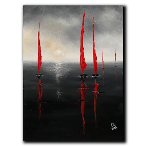 Yachts at sea oil painting Wall art canvas Red sails small artwork Sailing boats Modern impressionist Seascape fine art Contemporary artist