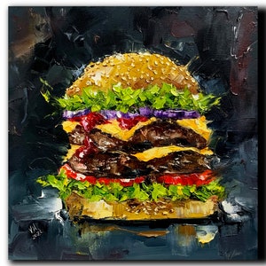 Burger painting for kitchen decor Cheeseburger fine oil art for cafe or restaurant wall decor Fast food artwork Food on canvas Hamburger