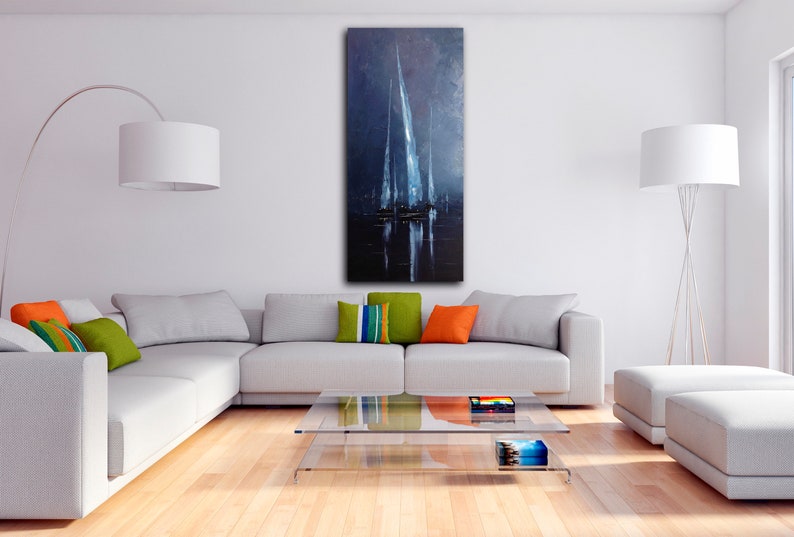 Blue oil painting big size Sailboats canvas art Yachts artwork Etsy