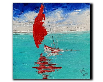 Red sailboat painting Small art work For friends male Oil seascape mini Impressionism Boat miniature Original art work Reflection painting